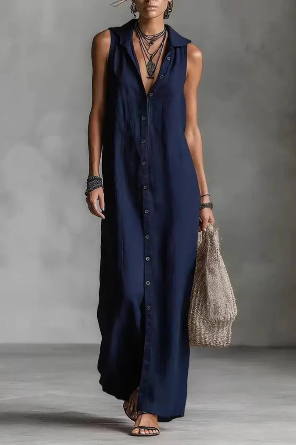Linen Blend Solid Color Loose Single-breasted Sleeveless Casual Maxi Dress