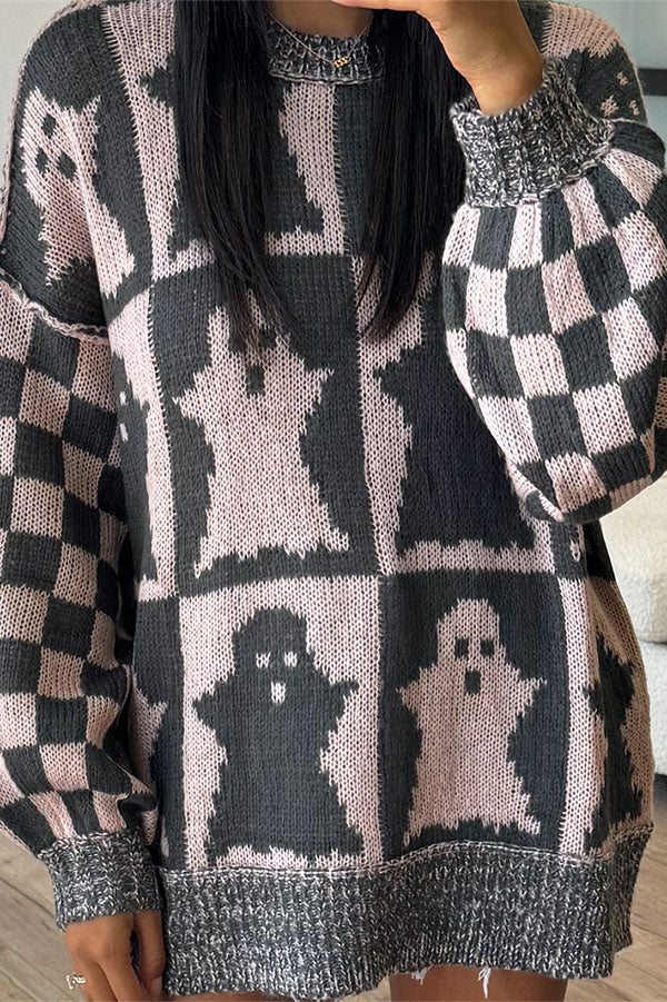 Halloween Ghost & Checkerboard Oversized Knit Sweater
