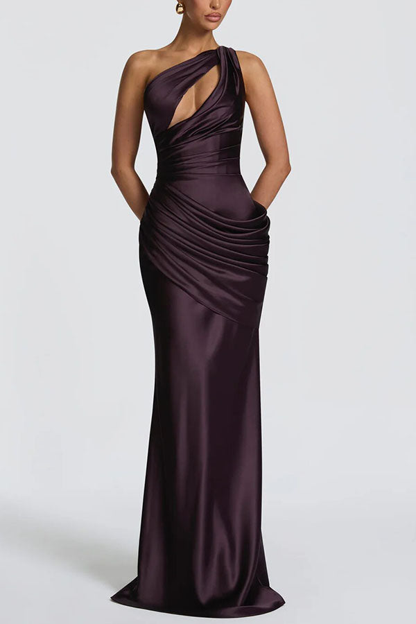 Emina Satin One Shoulder Asymmetrical Neck Cutout Back Lace-up Drape Maxi Dress (red)