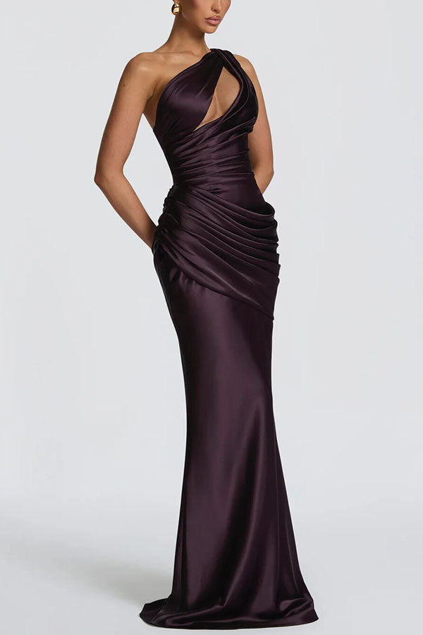 Emina Satin One Shoulder Asymmetrical Neck Cutout Back Lace-up Drape Maxi Dress (red)