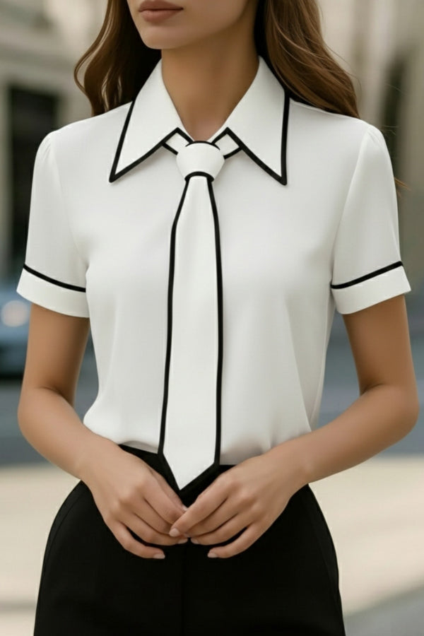 Stylish Color-blocked Trim Collared Short-sleeved Casual Shirt