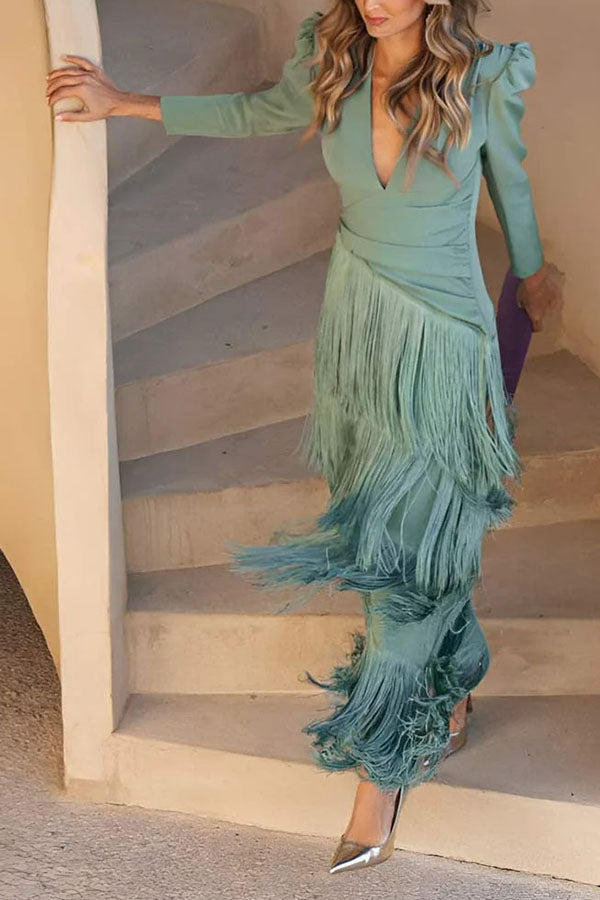 Elegant Night V-Neck Long Sleeve Layered Tassel Hem Maxi Dress