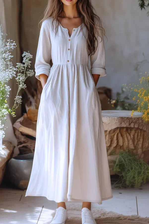 Linen Blend Crew Neck Long Sleeve Casual Pocket Holiday Maxi Dress