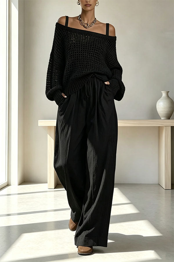 Cutout Knit Long Sleeve Top and Linen Blend Elastic Waist Pocket Pants Set