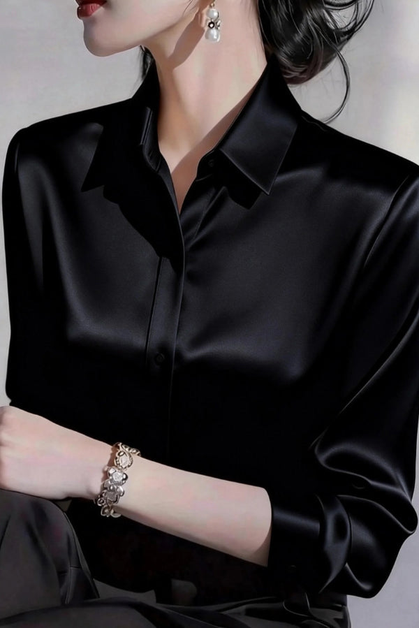 Solid Color Satin Collared Long-sleeved Button-down Casual Shirt