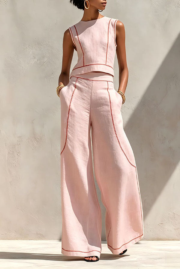 Elysia Contrast-Stitch Linen Two-Piece Set
