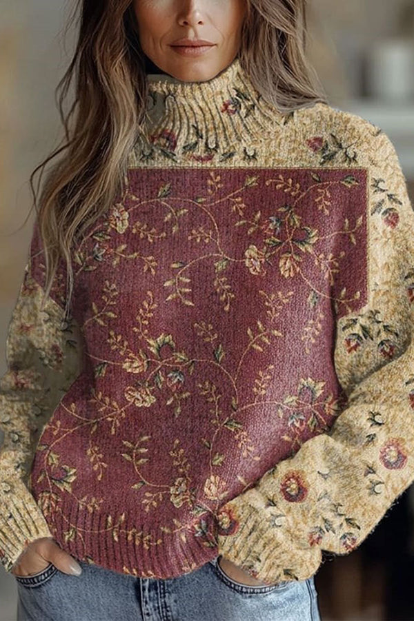Floral Pattern High-Neck Long-Sleeved Loose Sweatshirt