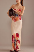 Charming ladies strapless waist cinching satin printed lace up loose long dress