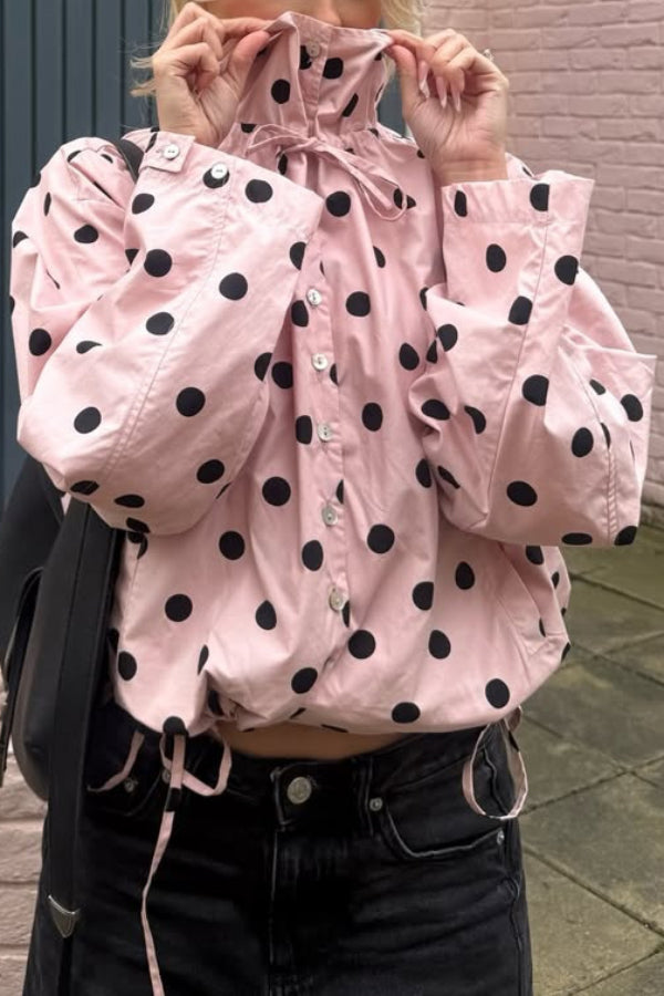 Polka Dot Print Loose Stand Collar Button Bow Tie Casual Long-sleeved Jacket