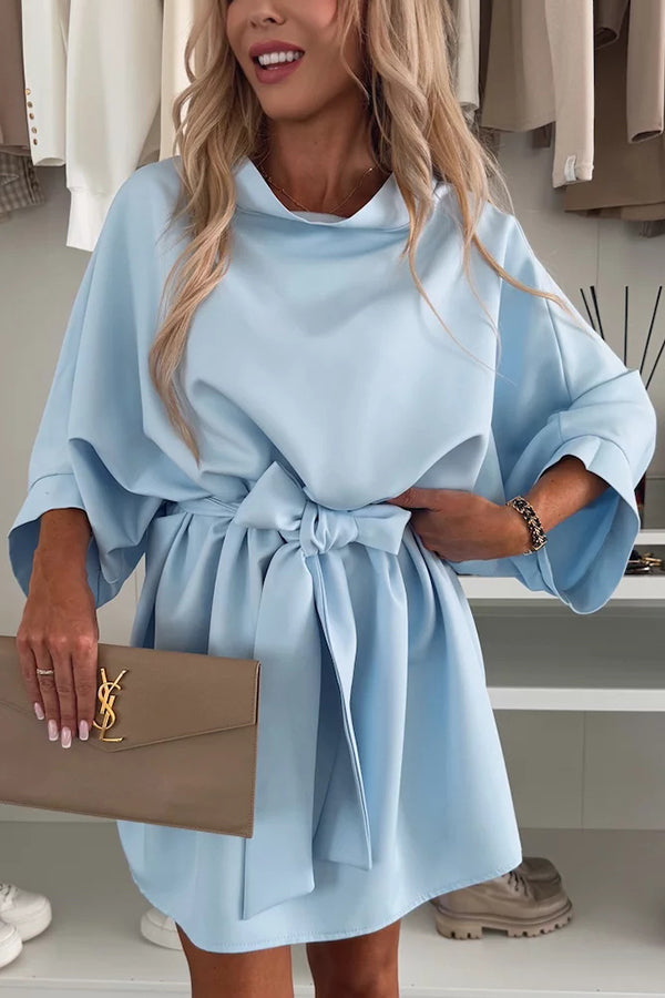 Solid Color Loose Round Neck Belted Mini Dress