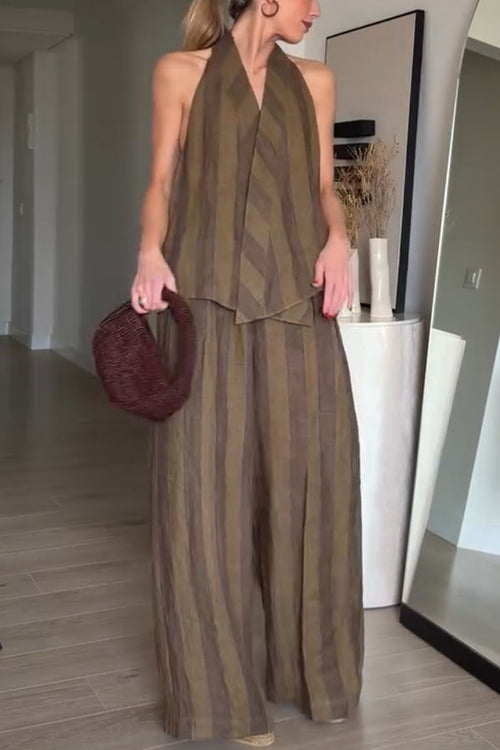Aloof Style Striped Linen Blend Halter Vest and High Rise Button Pocket Wide Leg Pants Set