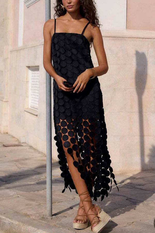 Juju Embroidered Cutout Polka Dots Square Neck Tassel Hem Slip Maxi Dress
