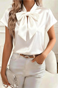 Solid Color Satin Collared Short-sleeved Tie Bow Casual Shirt