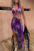 Unique Printed Halter Neck Waist-revealing Asymmetrical Maxi Dress