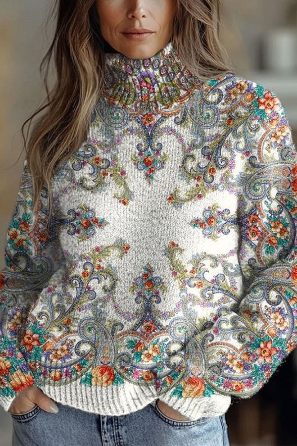 Floral Pattern High-Neck Long-Sleeved Loose Sweatshirt