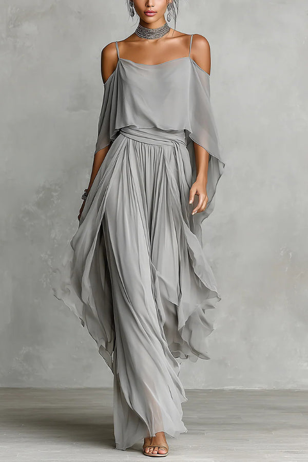 Solid Color Chiffon Off-shoulder Camisole Top and Casual Wide-leg Pants Set