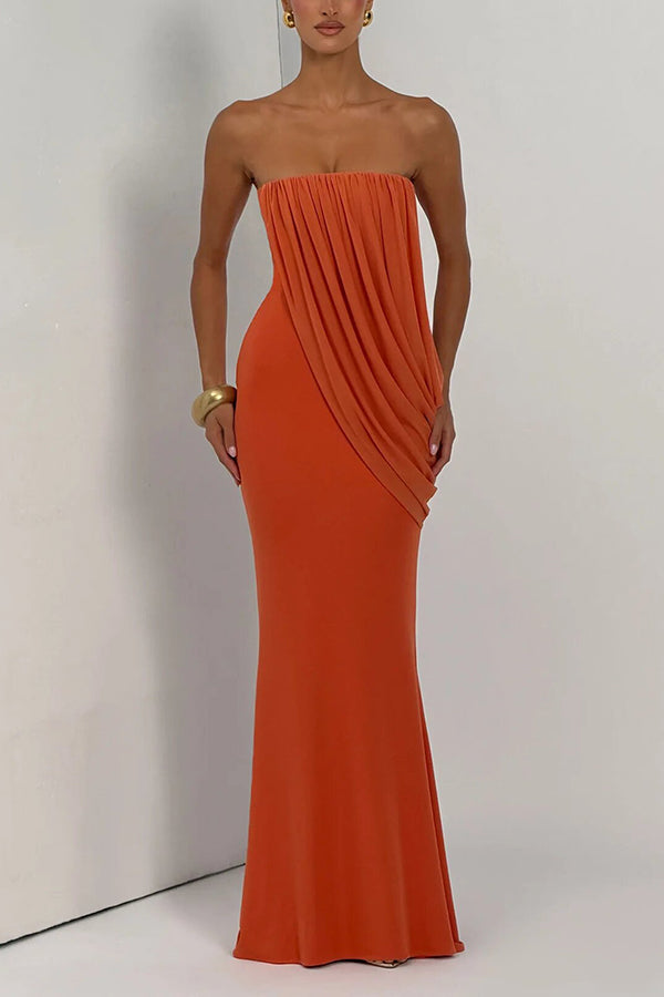 Vienna Modal Jersey Ruched Asymmetric Draped Mesh Strapless Maxi Dress