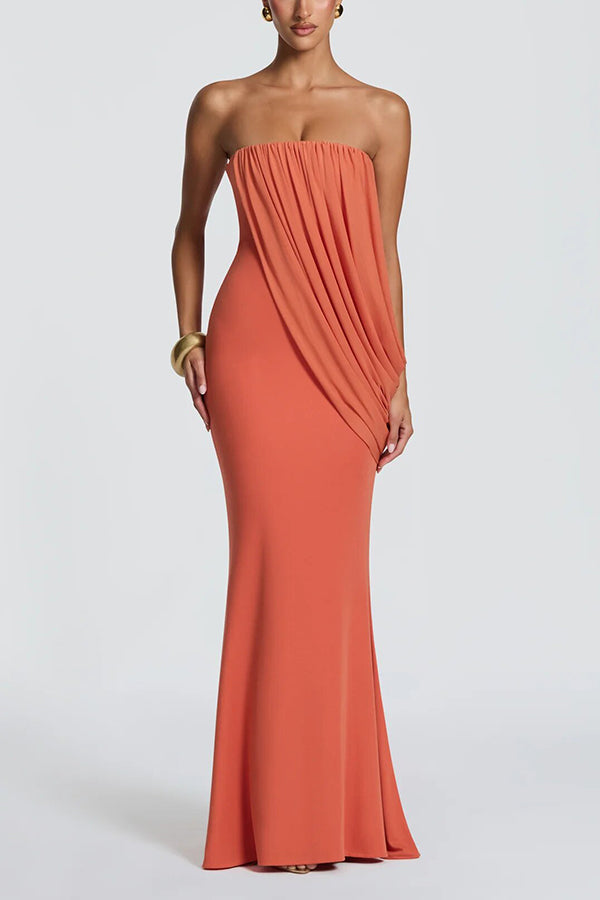 Vienna Modal Jersey Ruched Asymmetric Draped Mesh Strapless Maxi Dress
