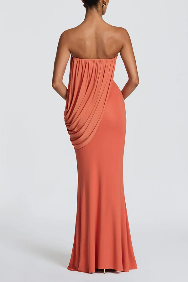 Vienna Modal Jersey Ruched Asymmetric Draped Mesh Strapless Maxi Dress