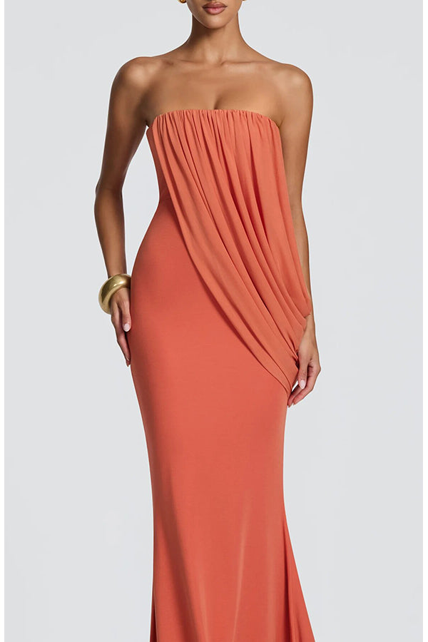 Vienna Modal Jersey Ruched Asymmetric Draped Mesh Strapless Maxi Dress
