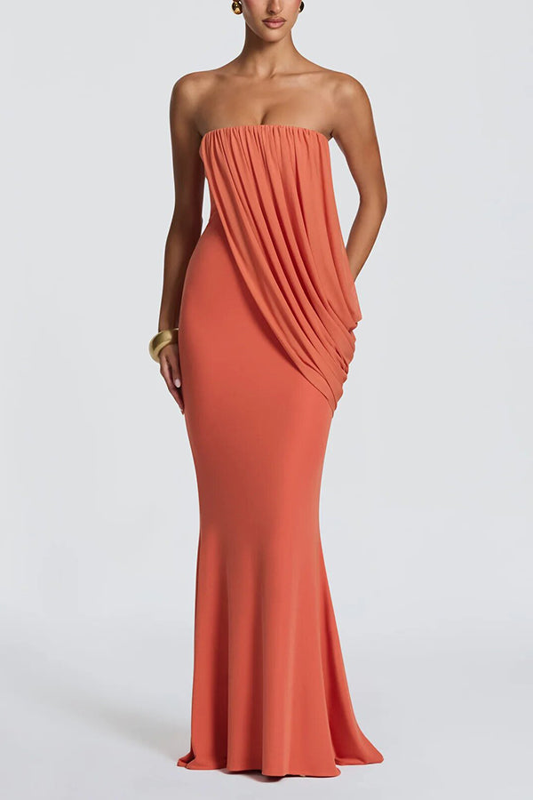 Vienna Modal Jersey Ruched Asymmetric Draped Mesh Strapless Maxi Dress