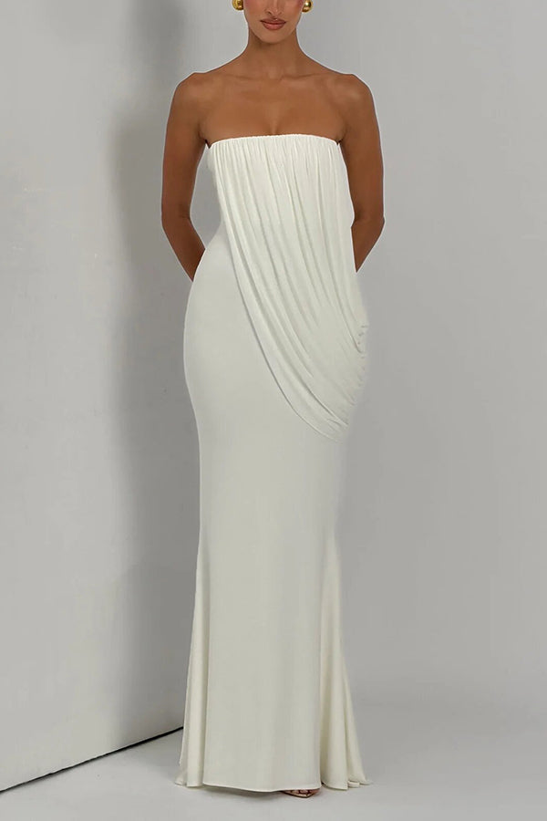 Vienna Modal Jersey Ruched Asymmetric Draped Mesh Strapless Maxi Dress