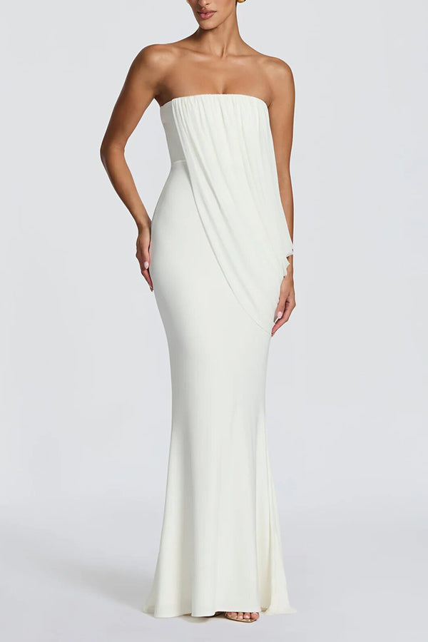Vienna Modal Jersey Ruched Asymmetric Draped Mesh Strapless Maxi Dress