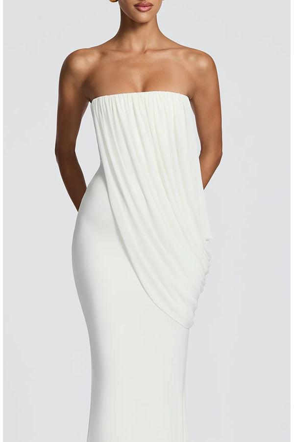 Vienna Modal Jersey Ruched Asymmetric Draped Mesh Strapless Maxi Dress