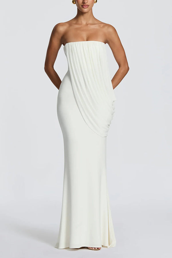 Vienna Modal Jersey Ruched Asymmetric Draped Mesh Strapless Maxi Dress