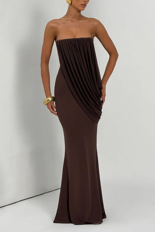 Vienna Modal Jersey Ruched Asymmetric Draped Mesh Strapless Maxi Dress