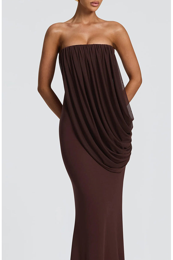 Vienna Modal Jersey Ruched Asymmetric Draped Mesh Strapless Maxi Dress