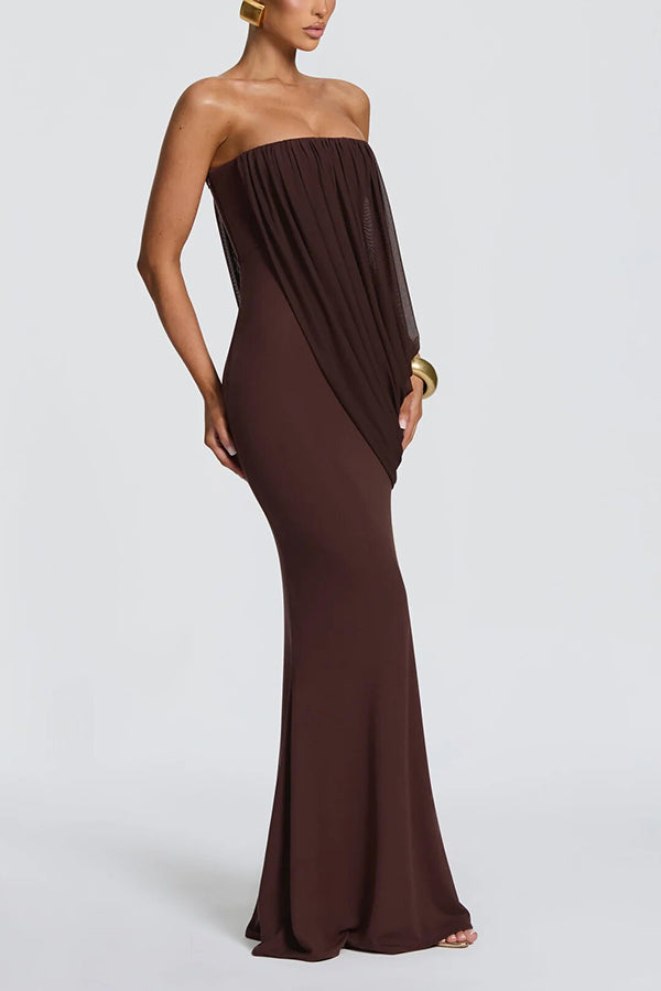 Vienna Modal Jersey Ruched Asymmetric Draped Mesh Strapless Maxi Dress