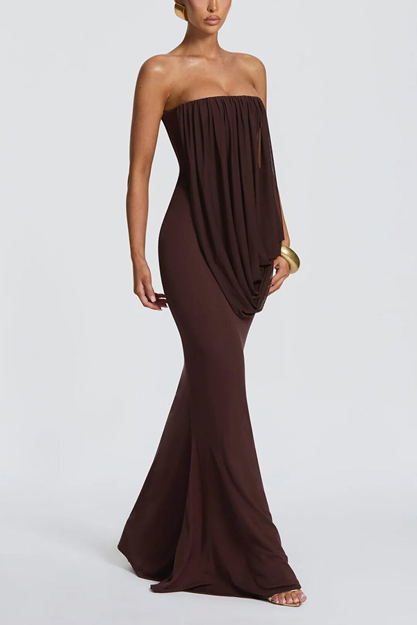 Vienna Modal Jersey Ruched Asymmetric Draped Mesh Strapless Maxi Dress