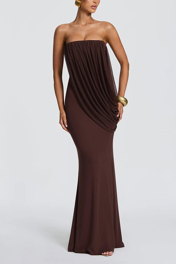 Vienna Modal Jersey Ruched Asymmetric Draped Mesh Strapless Maxi Dress